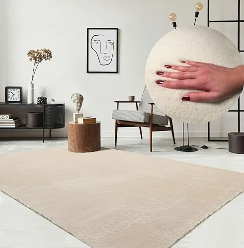 the carpet Relax - Alfombra Moderna y mullida de Pelo Corto, para salón, Parte Inferior Antideslizante, Lavable hasta 30 Grados, Muy Suave, Beige, 160 x 220 cm