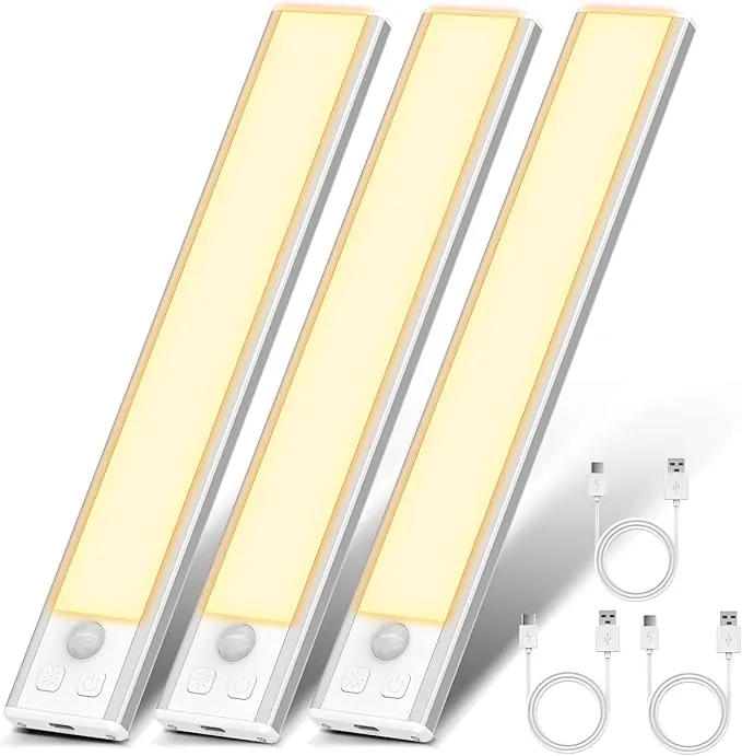 OUILA Luz de Armario con Sensor Movimiento 3000K Recargable Luz Nocturna,20.5CM Regulable Lampara LED Adhesiva para Gabinete, Pasillo, Escalera, Sótano, Cocina, Garaje-3 Packs