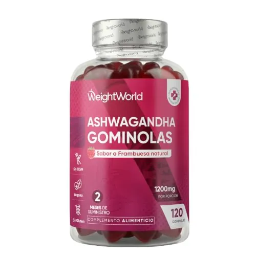 Ashwagandha Gominolas 1200mg - 120 Gomitas Veganas con Sabor a Frambuesa - Suplemento Ayurveda de la Withania Somnifera, Sin Gluten ni OGM para 2 Meses de Suministro