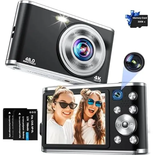 Cámara Digital, 4K Cámara Digital Compacta con Tarjeta SD 32G Cámara Dual Delantera y Trasera, HD 48MP con Pantalla Grande de 2.8", Zoom Digital 16X, para Principiantes