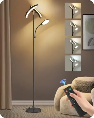 GOEBLESON Lámpara de Pie LED Ajuste Continuo, Lámpara de Lectura, Negro | Cabezal Ajustable, Control por Mando a Distancia y Táctil, Temperatura de Color de 2700K a 6500K, Salón, Dormitorio, Oficina