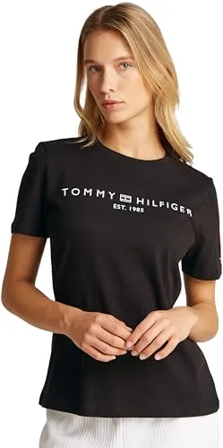 Tommy Hilfiger Camiseta de Manga Corta para Mujer Cuello Redondo, Negro (Black), L