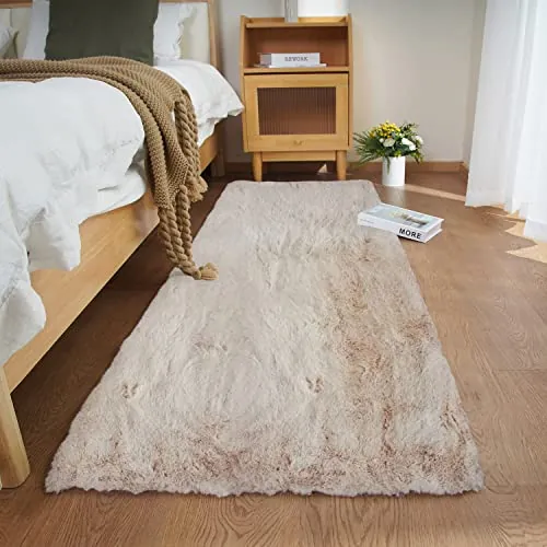 Ghouse Alfombras Salón Rectangular Alfombra Suave de Pelo Corto de Habitación Dormitorio Lavables Alfombra Antideslizante Muy Suave, Alfombra esponjosa de Cama (60 x 180 cm,Beige)
