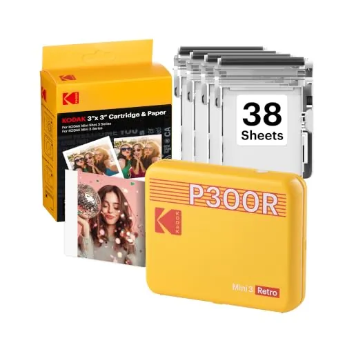 KODAK Mini 3 Retro Impresora Fotográfica 7,6×7,6cm, 38 Hojas, Amarilla