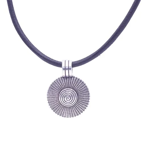 Colgante Mujer Espiral Sol Celta Plata Acabado Envejecido- Colgante Hombre Mujer - Collar Plata Tibetana Cuero Negro con Espiral, Amuleto de la Suerte- Ideal para Regalar