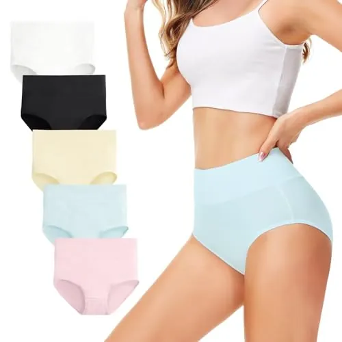 TUUHAW Braguita de Talle Alto Algodon para Mujer Pack de 5 Culotte Bragas de Cintura Alta Comodo, Multicolor, XL