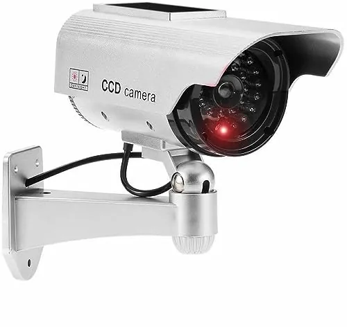 JUSTOP Cámara CCTV falsa para exteriores/interiores, cámara de seguridad falsa impermeable con luz LED de realidad solar o funciona con pilas, color plateado