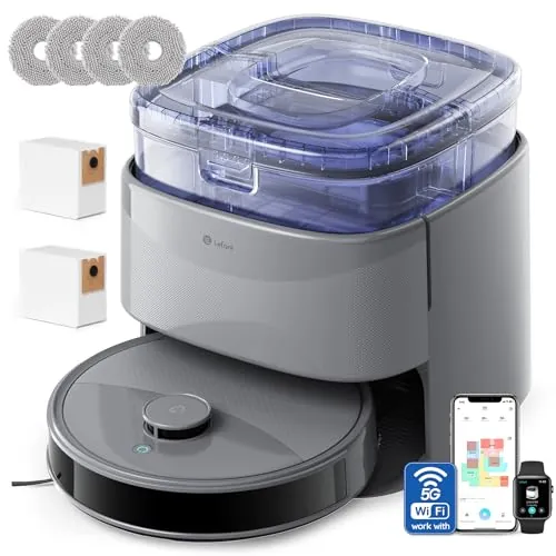 Lefant M3 Robot Aspirador y Fregasuelos, Todo-en-Uno 12000 Pa, 220min, Auto-Vaciado 3,2L, Auto-Lavado/Secado Mopa, dToF Navegación Láser, Evita Obstáculos, Alexa/App/i Watch/2,4G & 5GHz WiFi, Gris