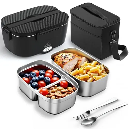 ESOHOT Fiambrera Electrica,120W Taper Electrico para Comida Calentamiento Ultrarrápido 3 en 1 Lonchera Electrica Trabajo 12V/24V/230V Para Viajes, Trabajo, Coche, Camión (1,5L x 2)