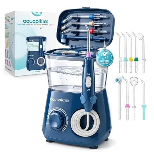 Irrigador Dental Aquapik100® Waterflosser 600 ml 10 Niveles 8 Boquillas Azul
