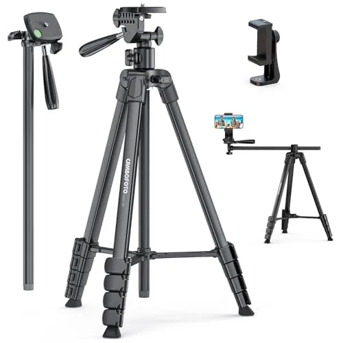 CAMBOFOTO Trípode para Smartphone 185 cm con Brazo Lateral - Trípode Flexible para Phone, Videoblogs y Fotos en Plano Cenital - Compacto y Ligero (0.68 kg) con Nivel de Burbuja y Bolsa de Transporte