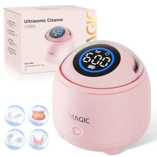 7MAGIC Limpiador ultrasonidos sin cable para férula, 48 kHz, Rosa | USB-C, hasta 14 ciclos, limpiador ultrasónico para férulas, alineadores y prótesis, en casa, oficina y viaje