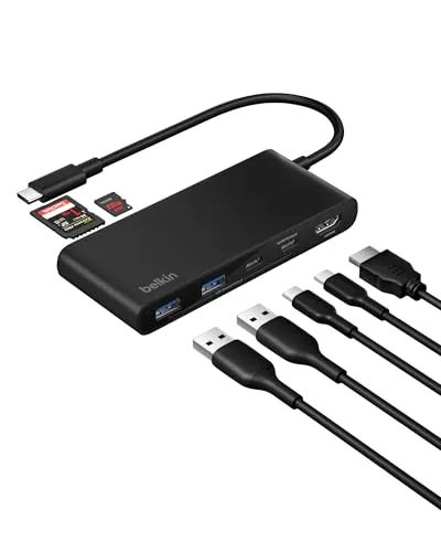 Belkin Hub USB C de 7 Puertos con HDMI 4K a 60 Hz, Lector SD y MicroSD, Power Delivery 100W, Datos a 5 Gbps, Adaptador USB C Multipuerto, MacBook, iPad Pro y Chromebook, HDMI 2.0 - Negro