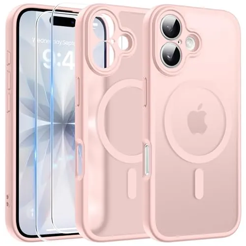 FLLAO Funda para iPhone 17, Compatible MagSafe, con 2 Piezas Protector de Pantalla Cristal Templado, [Protección de Cámara] Magnética Carcasa Translúcida Mate Trasera Fina Antigolpes, Rosa