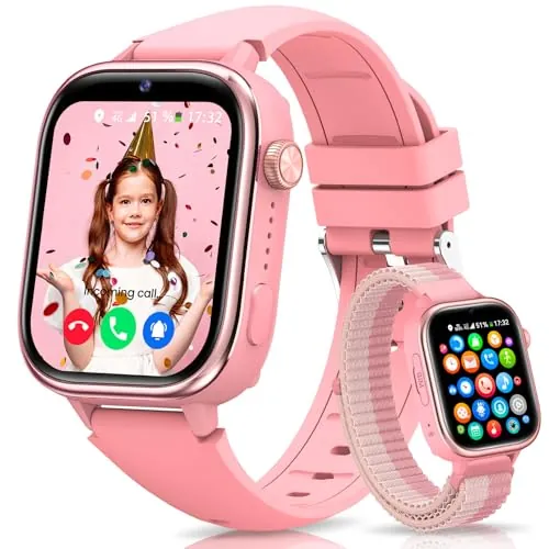 BANLVS Reloj Inteligente Niña, 4G Smartwatch Niña con GPS y Llamadas, Videollamada, Chat de Voz, SOS, Modo Escuela, Despertador, IP68, Sueño, Podómetro, Regalo Niñas y Niños Rosa, 3 Años Garantía