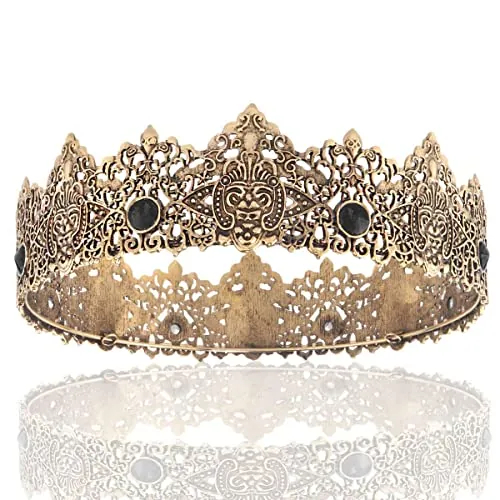 Rey hombres oro corona de tiara imperial medieval diadema cristal concurso trajes para boda Halloween feria cumpleaños (oro oscuro con piedra negro)