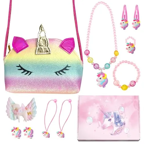 KIKVTER Regalos de unicornio para niñas, regalos 2, 3, 4, 5, 6 años, bolso de unicornio, juego de joyas para niñas, collar de unicornio, pulsera, pasador para el pelo, juego de joyas para niñas, niños