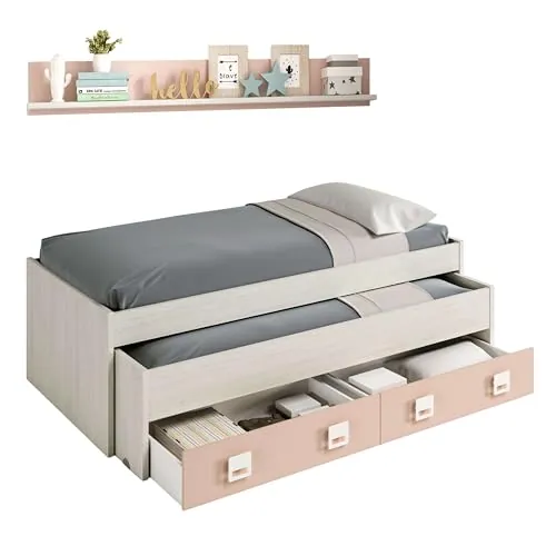 Habitdesign – Cama Doble Juvenil con 2 Cajones y Estante, Cama Nido Infantil, Color Blanco Alpes y Rosa Pastel, 199x96x69 cm – Modelo Nube