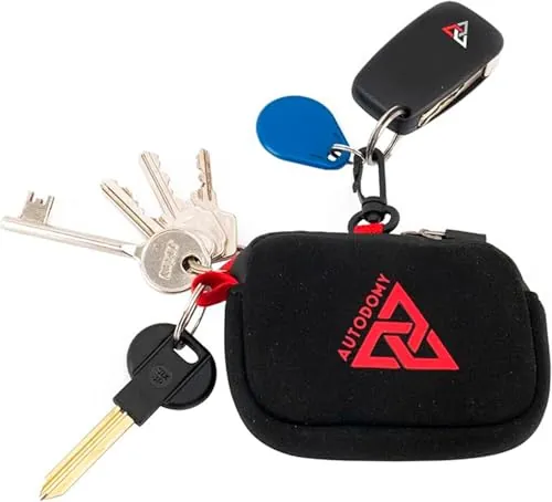 Autodomy Llavero para Moto Impermeable | Estuche Llavero de Neopreno Negro y Rojo para Llaves | Monedero Porta Llaves Premium con Anilla Interior, Exterior y Mosquetón