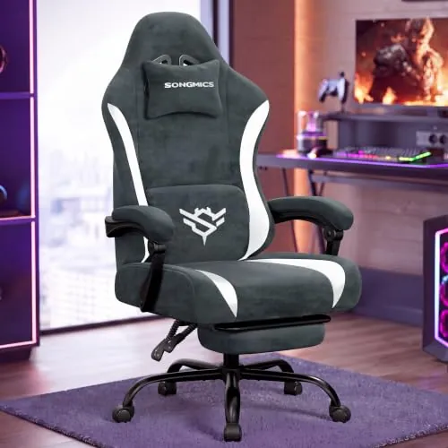 SONGMICS Silla Gaming, Silla de Escritorio Ergonómica de Fibra de Poliéster, Reclinable 135° con Reposapiés, Soporte Lumbar, 70 x 70 x 120-130 cm, Gris Carbón Oscuro y Blanco Nube OBG092GQ01