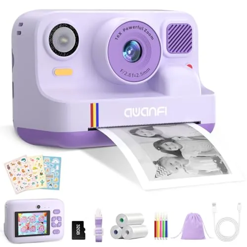 AWANFI Camara Fotos Infantil Instantanea, 2,4 Pulgada 1080P Cámara de Fotos para Niños, con Tarjeta de 32G, 3 Rollos de Papel de Impresión, Cámara Instantánea, Regalo para Niños y Niñas de 3 a 12 Años