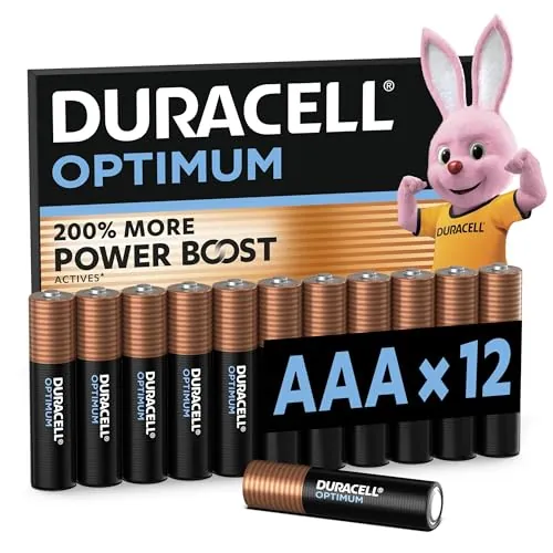 DURACELL Optimum Pilas AAA (Paquete de 12) – Pilas alcalinas 1,5 V – 200 % más de activos POWER BOOST – Satisface las exigencias de los dispositivos modernos – Envase 100 % reciclable – MX2400