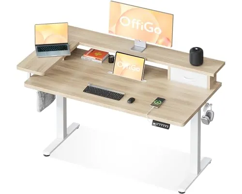 OffiGo Escritorio Elevable con Cajón y USB, 120×60 cm, Beige