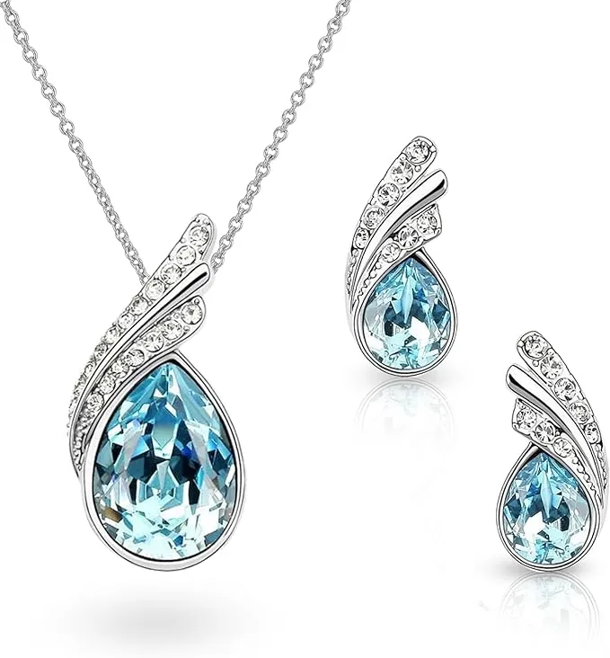 Crystalline Azuria Mujer 18ct Chapado en Oro Blanco Lágrimas Cristales Azul Aguamarina simulada Juego de joyas Collar Pendientes para Mujer Niña Boda Novia y Dama de honor