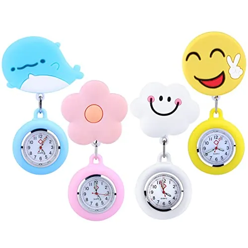 4 Piezas Reloj de Enfermera, Reloj de Bolsillo retráctil, Reloj de Bolsillo para Enfermera, Reloj de Bolsillo con Puntero Brillante, Reloj de Cuarzo para Enfermera, Estudiante, Mujer y Hombre