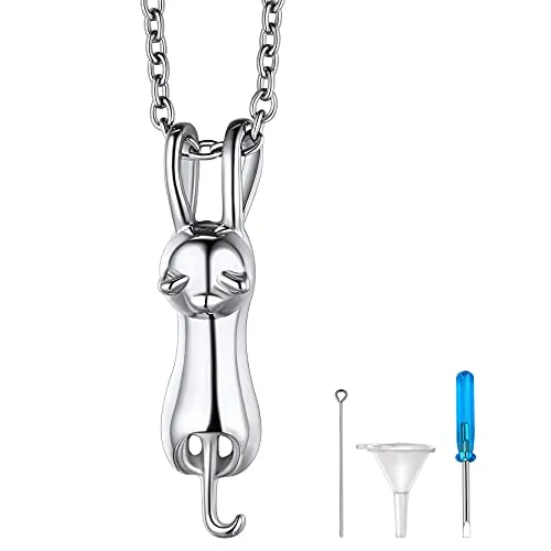 Richsteel Relicario Colgante Porta Cenizas Gato Corriendo, Cremación Recuerdo Mascota Memoria, Collar con Accesorios para Echar Cenizas (Color Platino)