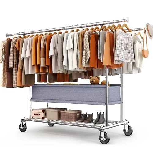HOKEEPER Burro de Ropa Resistente de Doble Barra con Ruedas, 283kg, con Cesta de Tela y Estante, Extensible - Ideal para Dormitorio, Boutique