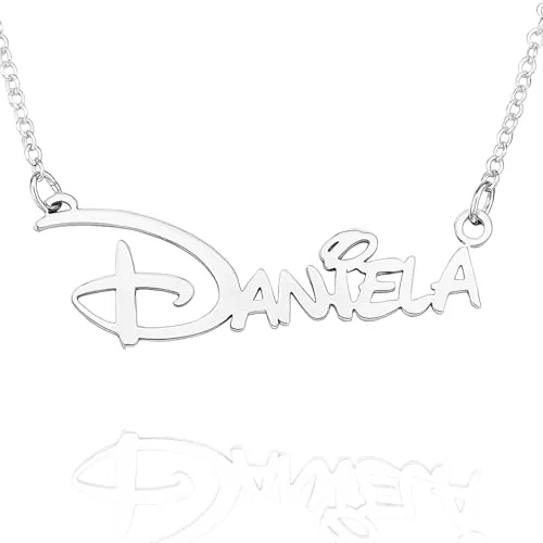 Collar con nombre personalizado en plata de ley 925 | Colgante nombre Disney 38x12 mm aprox | Joya grabada única | Regalo Día de la Madre, cumpleaños o aniversario