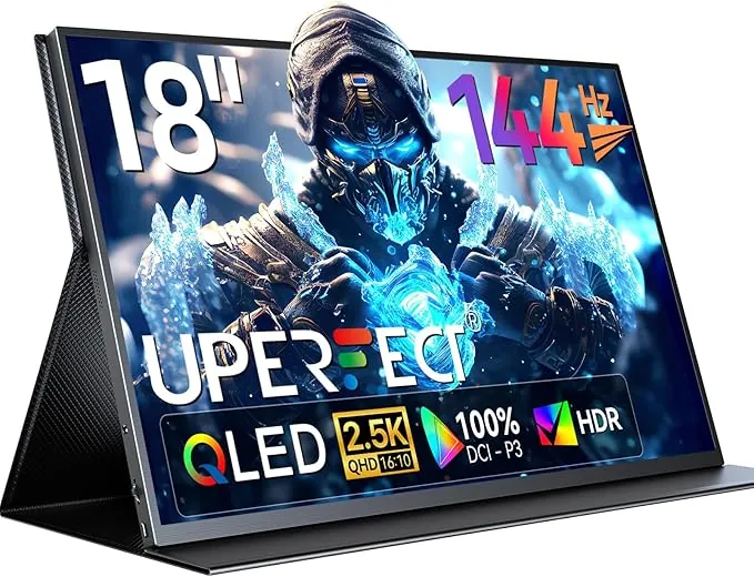 UPERFECT Monitor Portátil QLED 18 Pulgadas 2.5K 144Hz 100% DCI-P3 1500:1 500Nits Gaming, HDMI/USB-C, Ligera y Fácil de Transportar Pantalla IPS Compatible con Portatil/PC/Teléfono, Compatible con VESA