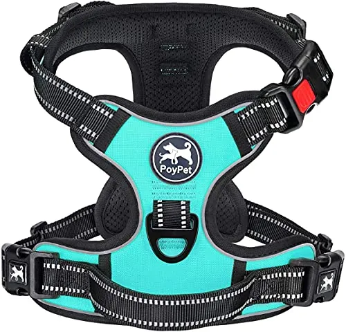 PoyPet Arnés para perros sin tirones, chaleco reflectante frontal para mascotas con control fácil, mango y parte trasera perfecta para el entrenamiento diario, paseos, carrera (Azul Menta, L)