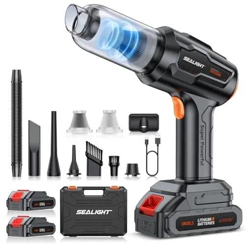 SEALIGHT Aspirador de Mano 50000Pa, Aspiradora de Coche con 60 min de Duración, 2 Pilas Recargables, Motor sin Escobillas para Pelo de Mascotas, Coche, Hogar