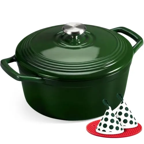 Overmont Olla de Hierro Fundido - Antiadherente Cacerola Holandesa de Esmaltado con Tapa - Ø28 CM Redonda Cacerola Holandesa para Cocinas de Inducción - Verde brillante