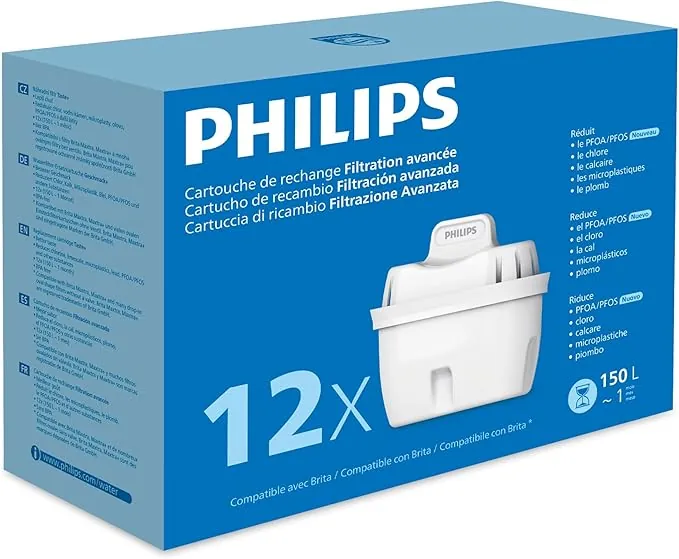 Philips Water Cartuchos de filtro de agua de repuesto Filtración Avanzada, pack de 12 filtros, reduce los MICROPLÁSTICOS, el CLORO, la CAL, los METALES PESADOS, Compatible con brita*