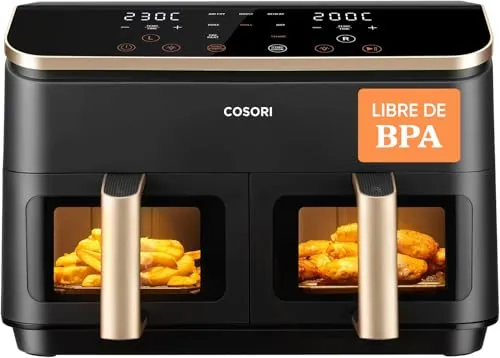 Cosori Air Fryer Grande 8,5 Litros, Freidora de Aire con Doble Cesta, Airfryer con Ventana, Recetas en la App, Multifunción 10 en 1, Alta Potencia y 55% de Eficiencia, Bajo Ruido, Fácil de Limpiar