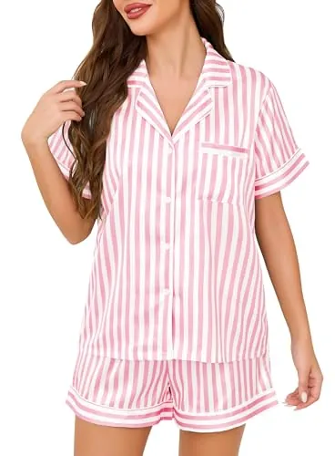 Lovasy Pijama Saten Mujer Manga Corta Botones Conjunto De Pijama Verano Pijama Shorts Set 2 Piezas,Raya Rosa,M