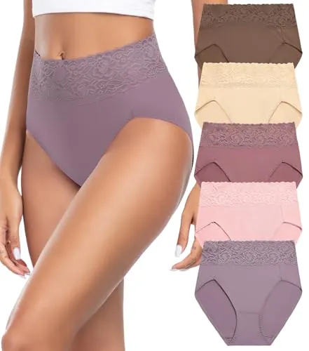 Wealurre Bragas Mujer Algodon Cintura Alta Encaje Braguita de Talle Alto Culotte Cómodo Talla Ropa Interior Pack de 5,L,Pink Purple