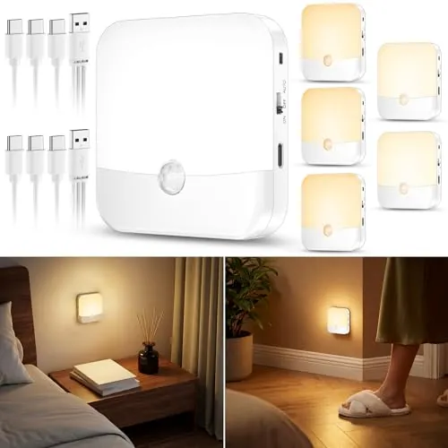 6 Piezas de Luces Nocturnas Recargables con Sensor de Movimiento, 3 colores de luz + regulables, luces LED inalámbricas para escaleras, dormitorios, pasillos, habitaciones infantiles y armarios