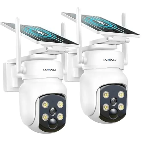 Mrowly 2PCS Camara Vigilancia WiFi Exterior Solar 2 en 1 | 4MP/2.5K Camara sin Cables, 360° Cobertura, Fácil Instalación, 2.4/5 GHz WiFi, Visión Nocturna en Color, PIR, SD/Nube