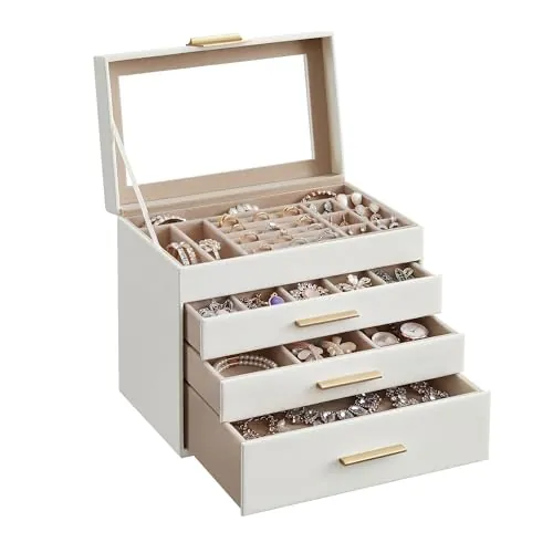 SONGMICS Colección GISELLA - Caja de Joyas, Caja Joyero de 4 Niveles, Estuche de Joyería, con 3 Cajones, Gran Capacidad, Estilo Moderno, Blanco Nube y Dorado, 15,3 x 25,1 x 21,5 cm JBC161W01