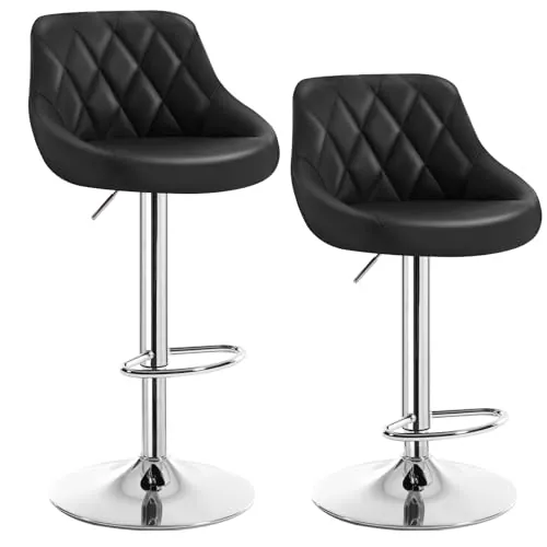 WOLTU 2X Taburete de Bar con Respaldo Cuero Sintético Taburetes Altos Cocina Regulable en Altura Negro BH23sz-2