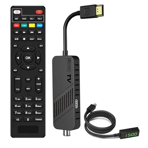 LEYF Decodificador TDT Full HD 1080P DVB T2, Sintonizador TDT, Escondido detrás del TV, Display Digitale, HEVC H265 Main 10 bit, HDMI, USB, Control Remoto IR 2 en 1