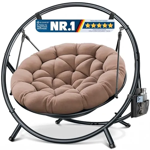 KESSER Silla colgante con estructura Bali, columpio colgante de hasta 150 kg, para interior y exterior, cojín y bolsillo lateral, cesta colgante, estructura de acero y cojín de espuma, ideal para
