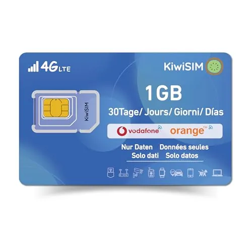 KiwiSim Tarjeta SIM prepaga de 1 GB 30 días 4G LTE – Uso global en 45 países | Compatible con Telefónica, O₂, Vodafone | Para smartphones, puntos calientes, cámaras y dispositivos GPS