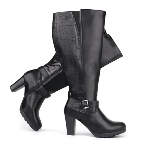 Chicblooms Botines de mujer de talla grande, con caña ancha, tacón alto, con hebilla en el tobillo, Color negro., 38 EU