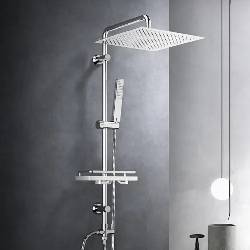 Görbach Columna de Ducha sin Grifo, Conjunto Set Ducha Acero Inoxidable con Barra Altura Adjustable, Adaptarse a los orificios existentes, Cabezal Lluvia 30x30 cm y Estante Ducha Cromo