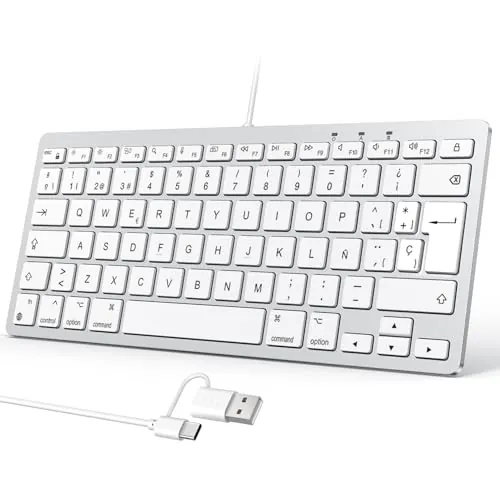 OMOTON Teclado con Cable para Mac, USB-C/USB, Teclas Silenciosas, ES Layout | Compatible con Mac iMac/Mac Mini/MacBook Air/Pro | Plug&Play | Teclado Slim + Portátil, Plata